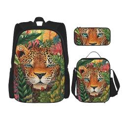 cfpolar 3-teiliger Rucksack, Leopardenmuster, bunte Blätter, Lunch-Tasche, Federmäppchen, Reise-Laptop-Rucksack, Büchertasche, Lunchbox, Thermo-Kühltasche, Kulturbeutel, Aufbewahrungstasche für von cfpolar