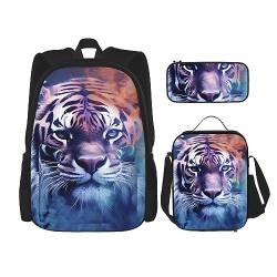 cfpolar 3-teiliger Rucksack, Smog Tier Feuer Tiger Rucksack Lunchtasche Federmäppchen Reise Laptop Rucksack Büchertasche Lunchbox Thermo-Kühltasche Kulturbeutel Aufbewahrungstasche für Reisen Arbeit von cfpolar