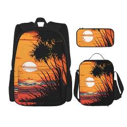 cfpolar 3-teiliger Rucksack, Sommer, Strand, Sonnenaufgang, Bäume, Lunch-Tasche, Federmäppchen, Reise, Laptop-Rucksack, Büchertasche, Lunchbox, Thermo-Kühltasche, Kulturbeutel, Aufbewahrungstasche für von cfpolar