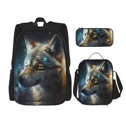 cfpolar 3-teiliger Rucksack, Weltraum, Feuer, Eis, Tier, Wolf, Rucksack, Lunch-Tasche, Federmäppchen, Reise-Laptop-Rucksack, Büchertasche, Lunchbox, Thermo-Kühltasche, Kulturbeutel, von cfpolar