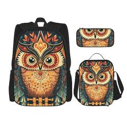 cfpolar 3-teiliger Rucksack, ethnische Eule Blumen Flamme Rucksack Mittagessen Tasche Federmäppchen Reise Laptop Rucksack Büchertasche Lunchbox Thermo-Kühltasche Kulturbeutel Aufbewahrungstasche für von cfpolar