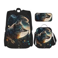 cfpolar 3-teiliger Rucksack, schwarzer Wolf-Mond-Rucksack, Lunch-Tasche, Federmäppchen, Reise-Laptop-Rucksack, Büchertasche, Lunchbox, Thermo-Kühltasche, Kulturbeutel, Aufbewahrungstasche für Reisen, von cfpolar