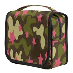 cfpolar Kulturbeutel mit Waldbaum-Camouflage-Motiv, zum Aufhängen, Reise-Kulturbeutel, große Kosmetiktasche, Make-up-Tasche, Reise-Organizer-Tasche, N-Camouflage Rosa Sternmuster, 9x4x8 in von cfpolar