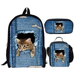 Chaqlin 3D Druck Nette Katze Rucksack Mädchen Campus Buch Taschen Mittagessen Taschen Bleistift Taschen Tasche 3 stücke von chaqlin