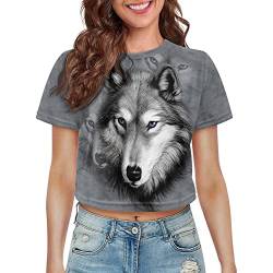 chaqlin 3D Grafikdruck Damen T-Shirts Crop Tops Cropped Tee Kurzarm Rundhals Crop Top Lose,Größe S-2XL, Grauer Wolf, Small von chaqlin