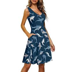 chaqlin Ärmelloses Damen-Kleid mit Rundhalsausschnitt und Tasche, Sommer, Strand, Tank, Blauer Hai, Small von chaqlin