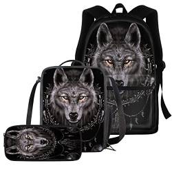chaqlin Animal Black Wolf Schultaschen-Set für Jungen Mädchen, lässiger Tagesrucksack für Teenager, Erwachsene, Reiserucksack-Set, inkl. Federmäppchen mit Wolf-Aufdruck, Lunchbox, 3-teiliges Set von chaqlin