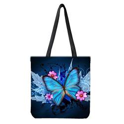 chaqlin Blue Butterfly Canvas Einkaufstasche Damen Schulter Handtaschen mit Innentasche Wiederverwendbare Einkaufstaschen von chaqlin