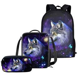 chaqlin Blue Galaxy Wolf Schulranzen Set für Jungen Mädchen,3er Pack Schulrucksack Lässiger Tagesrucksack,Grundstufe Kinder Kinder Isolierte Brotdose,Bleistiftetui mit coolem Wolf Design von chaqlin