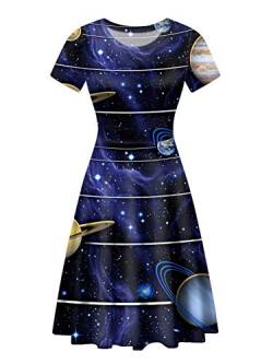 chaqlin Damen Casual Lose A Linie Midi Kleid Sommer Elegant Kurzarm Kleid mit Rundhals Größe S-XXL Gr. Medium, Galaxy Planet von chaqlin