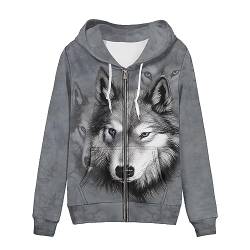 chaqlin Damen Full-Zip Hoodie Sweatshirt Athletic Hoodies Zip Up Hoodies Pullover Langarm Jacke mit Tasche Kordelzug, Tier Grau Wolf, 48 von chaqlin