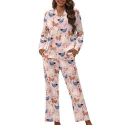 chaqlin Damen Pyjama-Set mit Knopfleiste, langärmelig, Nachtwäsche, Braut, weicher Schlafanzug, Lounge-Sets, 2-teilig, Größe XS-4XL, Blume Niedlich Huhn Rosa, 42 von chaqlin