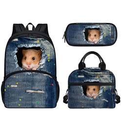 chaqlin Kinder-Schultaschen-Set mit Lunch-Tragetasche und Federmäppchen, 3-teilig, personalisierte Schulbüchertaschen für Jungen und Mädchen, Lustiger Hamster, Einheitsgröße, Schulranzen-Set von chaqlin