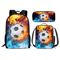 chaqlin Kinder Schultaschen für Jungen Feuer Fußball Druck Rucksack mit Mittagessen Taschen Bleistift Fall 3-teilige Kinder zurück zu Schultaschen Große Buchtaschen Flamme Fußball Druck Reise Rucksack von chaqlin