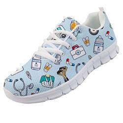 chaqlin Krankenschwester Flache Schuhe Damen Mädchen niedlichen Cartoon Krankenschwestern gedruckt Damen Turnschuhe Schuhe atmungsaktiv Mesh Wohnungen Laufschuhe blau Größe EU36 von chaqlin