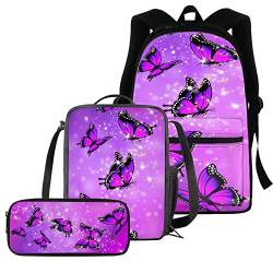 chaqlin Kristall-Schmetterlings-Rucksack für die Schule, Schultaschen, Büchertaschen für Kinder, 3-teiliges Damen-Mädchen-Rucksack, Thermo-Lunchbox, Federmäppchen von chaqlin