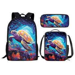 chaqlin Ocean Sea Turtle Rucksack für Mädchen Jungen Zurück zu Schultaschen Set mit Bleistift-Etui und Mittagessen Taschen 3-teilige Schultaschen Set für Kinder Teens Bagpack Reise Großer Rucksack von chaqlin