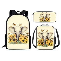 chaqlin Schultaschen-Set für Kinder, 3-teilig, Rucksack mit Lunchtasche, Federmäppchen, Tier, Dinosaurier, Wolf, Fußball, bedruckt, für Jungen und Mädchen, Sonnenblume Elefant, Einheitsgröße, von chaqlin