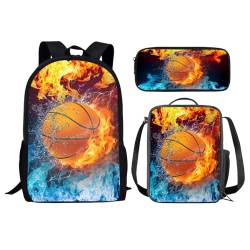 chaqlin Kinder Schultaschen Set für Jungen Basketball Druck Rucksack 3-Pack Feuer Basketball Druck Schultaschen Set mit Lunch Box und Bleistift Fall für Teens Jungen Zurück zur Schule Buchtaschen von chaqlin