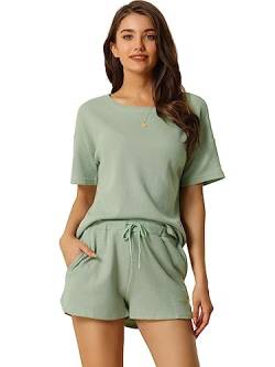 cheibear Damen Lounge Sets kurzärmeliger Pyjama mit Taschen Oberteil und Shorts Waffel Trainingsanzug Outfits Grün S von cheibear