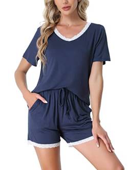 cheibear Damen Nachtwäsche weiche Lounge Nachtwäsche mit Taschen Shorts Ärmel-Pyjama-Set Blau S von cheibear