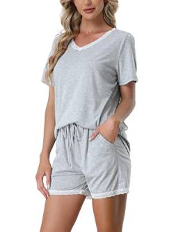 cheibear Damen Nachtwäsche weiche Lounge Nachtwäsche mit Taschen Shorts Ärmel-Pyjama-Set Grau M von cheibear