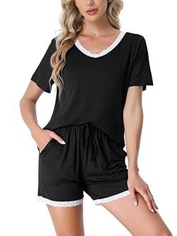 cheibear Damen Nachtwäsche weiche Lounge Nachtwäsche mit Taschen Shorts Ärmel-Pyjama-Set Schwarz L von cheibear