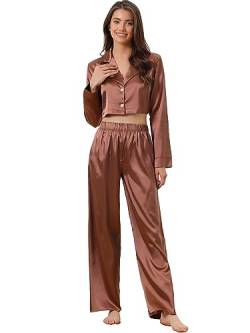 cheibear Damen-Pyjama, Satin, Nachtwäsche, bauchfrei, Button-Down-Shirt, lange Hose, 2-teiliges Outfit-Set, braun, 32 von cheibear