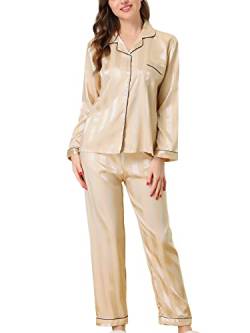 cheibear Damen-Pyjama-Set aus Satin mit weicher Knopfleiste und Hose Champagner L von cheibear