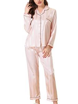 cheibear Damen-Pyjama-Set aus Satin mit weicher Knopfleiste und Hose Hell-Pink L von cheibear