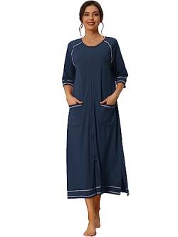 cheibear Damen-Robe mit Reißverschluss, langärmelig, Loungewear, Hausmantel, Midi-Nachthemd mit Taschen Blau M von cheibear