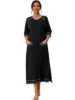 cheibear Damen-Robe mit Reißverschluss, langärmelig, Loungewear, Hausmantel, Midi-Nachthemd mit Taschen Schwarz L von cheibear