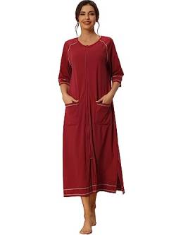 cheibear Damen-Robe mit Reißverschluss, langärmelig, Loungewear, Hausmantel, Midi-Nachthemd mit Taschen rot XL von cheibear
