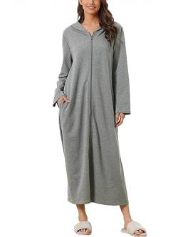 cheibear Damen Robe mit Reißverschluss vorne und Kapuze Hauskleid Nachthemd Hausmantel Kapuzenpullover langer Loungewear Bademantel Dunkel grau L von cheibear