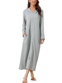 cheibear Damen Robe mit Reißverschluss vorne und Kapuze Hauskleid Nachthemd Hausmantel Kapuzenpullover langer Loungewear Bademantel Grau L von cheibear