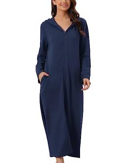 cheibear Damen Robe mit Reißverschluss vorne und Kapuze Hauskleid Nachthemd Hausmantel Kapuzenpullover langer Loungewear Bademantel Navy blau S von cheibear