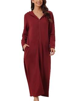 cheibear Damen Robe mit Reißverschluss vorne und Kapuze Hauskleid Nachthemd Hausmantel Kapuzenpullover langer Loungewear Bademantel rot L von cheibear