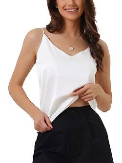 cheibear Damen Satin Cami Top Basic Top mit V Ausschnitt und Spaghettiträgern seidiges Camisole Weiß L von cheibear