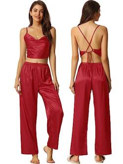 cheibear Damen Satin Pyjama für ärmellos Crop Cami Nachtwäsche mit Hose Valentinstag Sliky Lounge Set rot L von cheibear