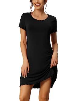 cheibear Damen-Schlafshirt, kurzärmeliges Rüschen-Nachthemd, Schlafhemden, Loungewear-Nachthemden Schwarz XS von cheibear