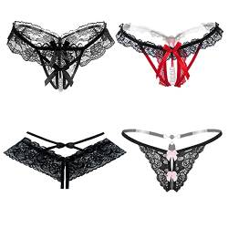 4er Packs String Ouvert Damen mit Perlen Blumen Loch Set Frauen Frau,Schwarz Spitze Sexy Tanga Strings Unterwäsche Mit Offenem Schritt Tangas G-String Reizwäsche Thongs V-String Höschen (4 Muster) von chinping