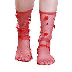Socken aus Gekämmter Frühlings- und Sommersocken für Erwachsene, atmungsaktiv, Modetrend, gebrochene Blumenhaufensocken, einfache Hautfarbe, bedruckte Damensocken Atmungsaktive Socken (Red, One Size) von chiphop