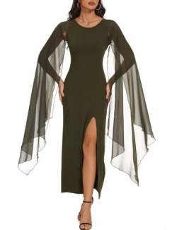 Abendkleider Elegant für Hochzeit Curvy Rundhalsausschnitt Brautkleider Halloween Kostüm Damen Flatterärmel Abschlussballkleider Kleider für Hochzeitsgäste Cocktailkleid mit Frontschlitz(Olivgrün,S) von chuangminghangqi