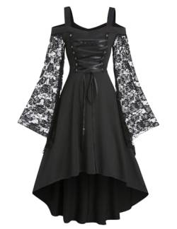 Damen Gothic Schwarz Kleid mit Spitzenärmeln Punk Große Größen Vintage Kurze Cocktailkleid Schulterfrei Abendkleid Besondere Anlässe Kleider Festlich Abschlusskleider Hexenkleid(Schwarz,XL) von chuangminghangqi