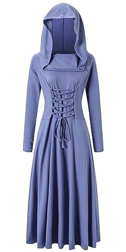 Damen Renaissance Kostüm Kleid mit Kapuze Langarm Mittelalter Langes Kleid Retro Schnürung Gothic Robe Kostüm-Partys Cocktailkleid Maskeradekostüme Geeignet für Cosplay und Halloween(S,Indigo) von chuangminghangqi