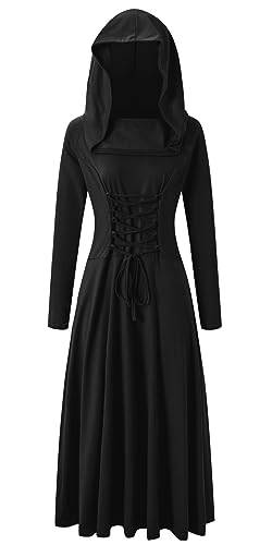 Damen Renaissance Kostüm Kleid mit Kapuze Langarm Mittelalter Langes Kleid Retro Schnürung Gothic Robe Kostüm-Partys Cocktailkleid Maskeradekostüme Geeignet für Cosplay und Halloween(S,Schwarz) von chuangminghangqi