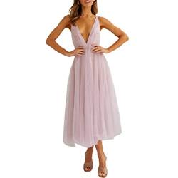 Damen V-Ausschnitt Netzkleid Hochzeit Brautjungfernkleider Sexy rückenfreies Maxi fließendes Kleid mit hoher Taille Swing Abendkleid(Rosa,S) von chuangminghangqi