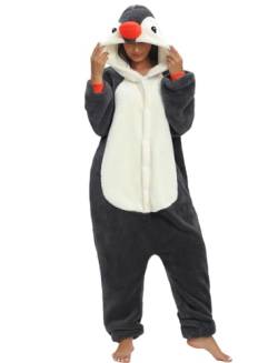 Einteiliger Schlafanzug Damen Lang Winter Einteiler Tierkostüm Erwachsene Kostüm Jumpsuit Damen Kuschelig Pyjama Fleece Onesie Kleidung Mit Kapuze und Reißverschluss (Grauer Pinguin-7131, XXL) von chuangminghangqi