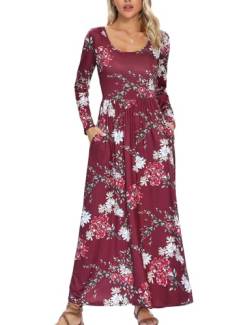 Elegantes Curvy Maxikleider Damen Lang mit Taschen Blumenkleid Rundhals Boho Kleid mit Elastischer Taille Langarm A-Linie Freizeitkleid Festliche Kleider Partykleid Jerseykleider(Dunkelrot,L) von chuangminghangqi