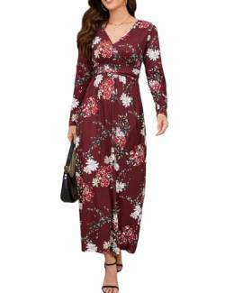 Elegantes Curvy Maxikleider Damen Lang mit Taschen Blumenkleid V-Ausschnitt Boho Kleid mit Empire-Taille Langarm A-Linie Freizeitkleid Festliche Kleider Partykleid Jerseykleider(Dunkelrot,L) von chuangminghangqi